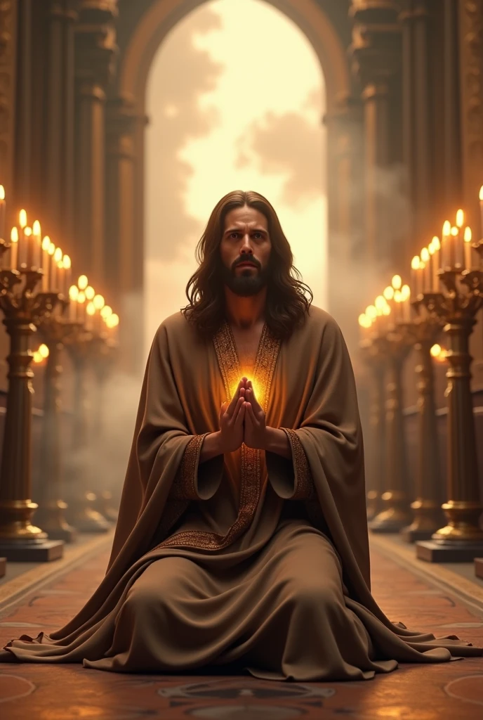 (photorealism:1.2), Crying handsome Jesus Christ, kneel praying under the altar of the priest that full of clouds and sorrounded of many candles, wearing brown king clothes with light in his head and heart spreading all over, perfect five finger, long beautiful hair, indoors, high lighting, clouds in background, beautiful light, perfect church and clouds, relaxed pose, realistic, intricate details, light colors,