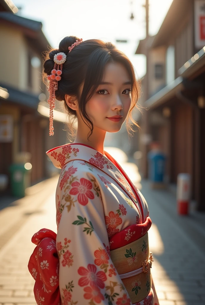 Professional Lighting,(Realistic:1.4), (Top image quality:1.0), (超A high resolution:1.0), 8k, Raw photography, (masterpiece:0.2), (Dealing with the Children_v1:0.5)、(highest quality Detail:1.2)、Realistic、8k Ultra HD、High resolution、(1 girl:1.2)、Super detailed、High quality textures、Complex details、detailed、Very detailed CG、High quality shadows、detailed Beautiful and delicate face、Beautiful details and a delicate eye、(Symmetrical eyes:1.2),Written boundary depth、Ray Tracing,1 girl, Japanese Girls, (Natural smile:1.4),cute, thin, Portrait of a beautiful Japanese woman in a kimono, Standing elegantly on a street corner in Kyoto. Kimono with vibrant traditional patterns, Hair decorated with elegant and delicate hairpins, Gentle expression. (With the old streets of Kyoto in the background:1.4)、The soft light of a spring afternoon、Adding tranquility to the scene. Rendered in a Realistic style with great attention to detail, High resolution images.Sky Porn, Magic Hour, (Realistic:1.3), finely, quality, (Tabletop:1.2), (Realistic:1.2), (highest quality), (Complex details), dramatic, Ray Tracing, photograph, +roller