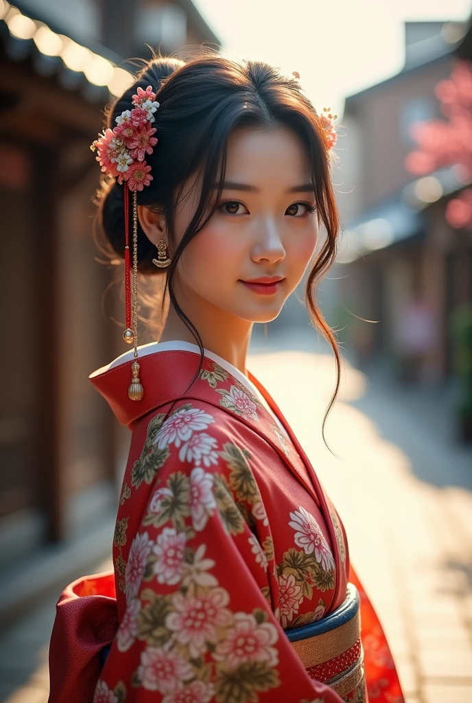 Professional Lighting,(Realistic:1.4), (Top image quality:1.0), (超A high resolution:1.0), 8k, Raw photography, (masterpiece:0.2), (Dealing with the Children_v1:0.5)、(highest quality Detail:1.2)、Realistic、8k Ultra HD、High resolution、(1 girl:1.2)、Super detailed、High quality textures、Complex details、detailed、Very detailed CG、High quality shadows、detailed Beautiful and delicate face、Beautiful details and a delicate eye、(Symmetrical eyes:1.2),Written boundary depth、Ray Tracing,1 girl, Japanese Girls, (Natural smile:1.4),cute, thin, Portrait of a beautiful Japanese woman in a kimono, Standing elegantly on a street corner in Kyoto. Kimono with vibrant traditional patterns, Hair decorated with elegant and delicate hairpins, Gentle expression. (With the old streets of Kyoto in the background:1.4)、The soft light of a spring afternoon、Adding tranquility to the scene. Rendered in a Realistic style with great attention to detail, High resolution images.Sky ????, Magic Hour, (Realistic:1.3), finely, quality, (Tabletop:1.2), (Realistic:1.2), (highest quality), (Complex details), dramatic, Ray Tracing, photograph, +roller