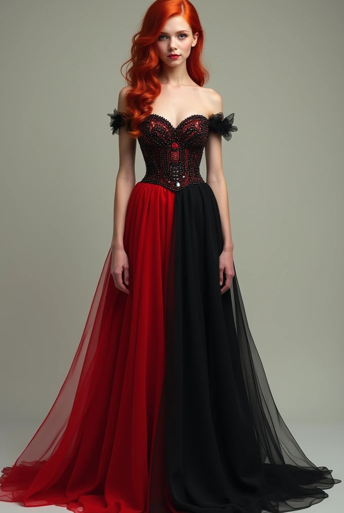 Redhead girl in long black and red dress full body ,facing the front