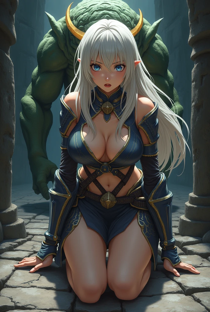 Generate a high-quality anime-style illustration featuring a beautiful female warrior with long, silver-blonde hair and large, expressive blue eyes. She is depicted in a vulnerable position, kneeling on the ground with a look of shock or concern on her face. Her armor is ornate yet slightly revealing, with a focus on her chest plate that accentuates her curves, and she wears a short skirt that allows for freedom of movement.
The scene is set in a dimly lit dungeon or ruin, with broken stone tiles on the ground and a foreboding atmosphere. Behind the female warrior, a menacing goblin-like creature with green, wrinkled skin and glowing yellow eyes lurks close, giving a sense of danger and urgency. The goblin's posture and expression should suggest a predatory nature.
The lighting in the scene should create dramatic contrasts, highlighting the tension and the dire situation. The environment is detailed with rough textures, and the overall composition should evoke a blend of dark fantasy and suspense, capturing the intensity of the moment.