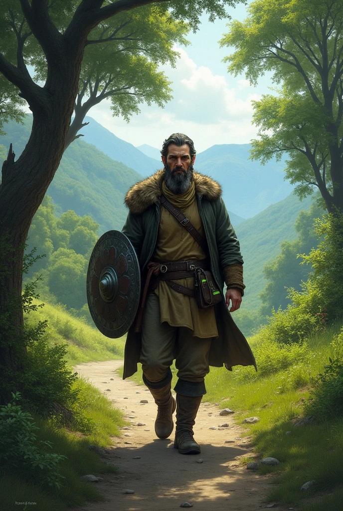Man walking in a path with a shild a lightning in his bag