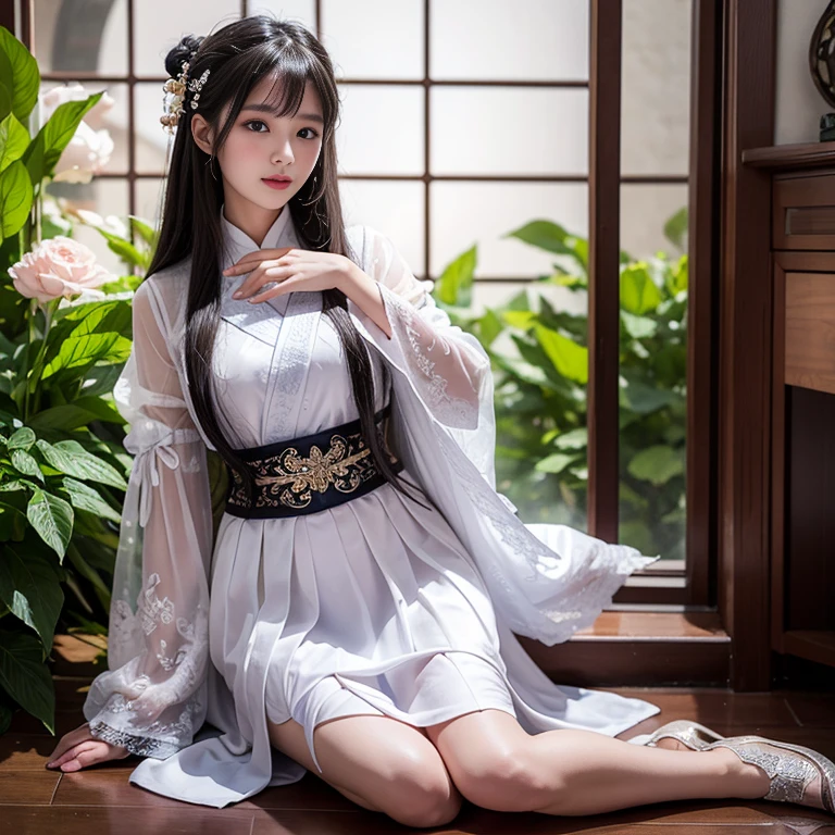 best quality, Delicate face,beautiful visual work, lifelike, eternity, black hair, Long curly hair, blunt bangs, Smile, Detailed Background, Delicate face,blush,cold,((masterpiece))、(top quality)、8k、high detail、Super detailed,21 years old female,Wearing Tang Dynasty Hanfu、beltskirt, Clothes are Light and fluffy,Hanfu, Wide sleeves, Transparent sleeves, coat, Clothes made of chiffon, masterpiece、born、Scenes resembling fairy tale illustrations、intricate details和複雜的設計、Beautifully、magic、capricious、 Beautifully、dream想美學、「𝓡𝓸𝓶𝓪𝓷𝓽𝓲𝓬、ethereal、charming、fickle、magic」、realism、Visual effects、FXAA、SSAO、Shader、voiceless、ambient Lighting、Tone mapping、High resolution、Ultra high quality、Million pixels、(8K resolution:1.10)、8k、8k以下、8K resolution、high detail、intricate details, (high quality:1.2、masterpiece:1.2、:1.21)、(21 years old female:1.21)、(興奮地Smile)、(被dream般的氛圍所包圍、Model diagram,full-body shot,Normal 2 feet,Put your hands behind your back,Breast protrusion visible when wearing clothes, Large Breasts, H cup chest, Ancient, Xian Xia, gauze clothes, Soft and elegant, Fairy, dream, fantasy, Light, elegant, nature, immortal, Romantic, classical, ribbon,Chinese, The background is Chinese architecture,Put your hands between your thighs and skirt