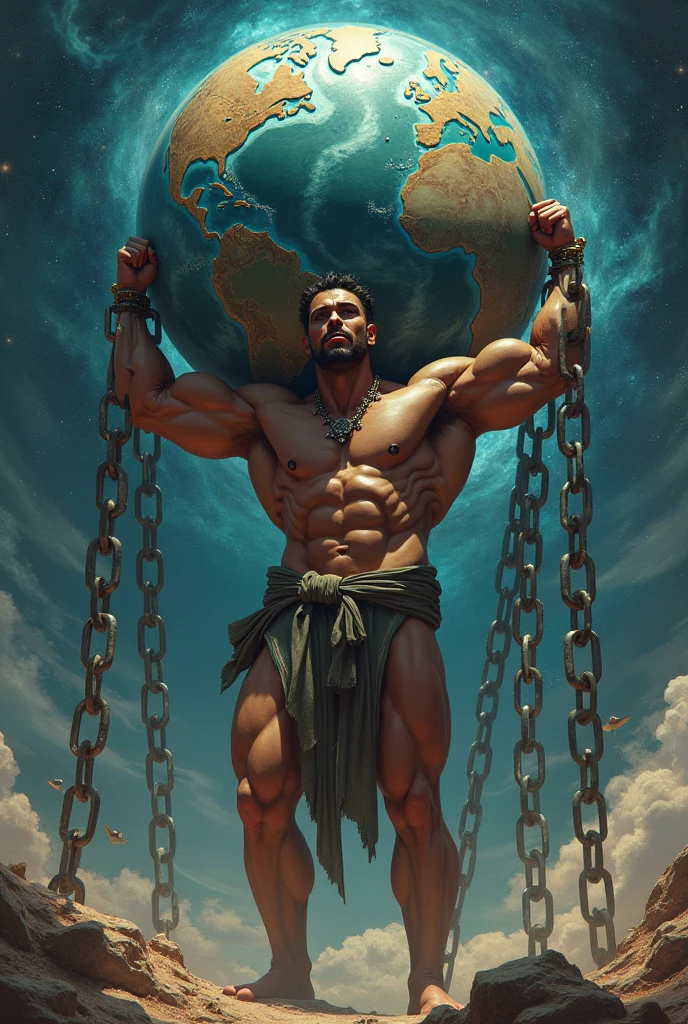 man carrying a planet on his shoulders with chains