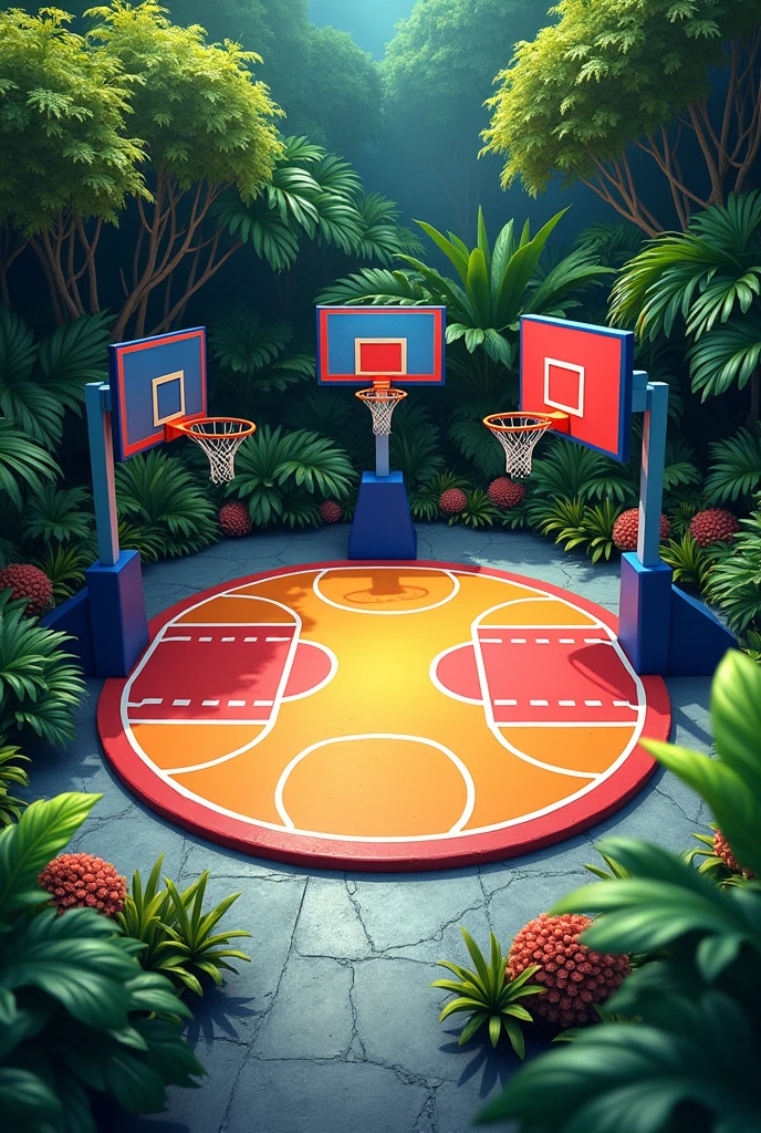 Generate a logo in the shape of a circle of a cement court with basketball boards facing each other, colorful and with vegetation on a gray floor