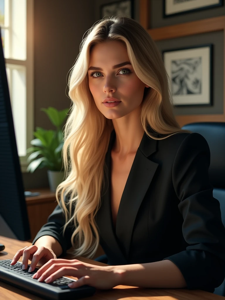 a beautiful girl with long blonde hair, detailed eyes, nose, and lips, wearing professional outfit, siting in her office, using her computer, hp comuter (best quality,4k,8k,highres,masterpiece:1.2),ultra-detailed,(realistic,photorealistic,photo-realistic:1.37),HDR,studio lighting,extremely detailed face and body, portrait,cinematic lighting,dramatic lighting,warm color tones,dramatic colors