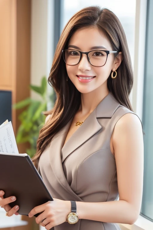 Generate realistic images of professional businesswomen in a modern office environment。Smooth, shoulder-length dark brown hair with subtle highlights、She wears stylish glasses with thin frames.。She was wearing a fitted, sleeveless grey wrap dress.、She accessorizes with gold earrings and a matching watch.。Holding a brown clipboard on his chest、A warm and confident smile。The bust is small。In the background、Natural light coming in through large windows、Modern Office Furniture、And you'll see a clean and organized workspace.。