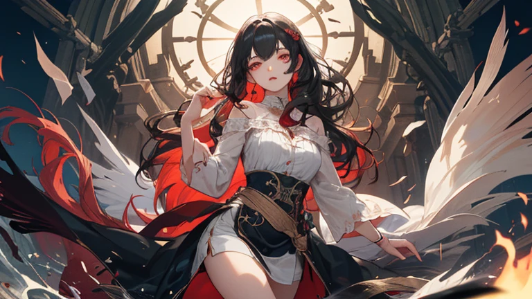 (Very handsome :1.2), 8K,(masterpiece:1.0),(the best_quality:1.0), 2 girls, and intricate details, Enlarged texture, and intricate details, Delicate eyes and delicate face, and intricate details, Seductive and charming, Bright light, Waist-length curly red hair, Like dense seaweed in a sea of blood, Countless complex patterns extend along the left side of her body., Like some kind of ancient amulet, Spread to left arm, Left leg and even left eye pupil, (Shut up), Red eyes, Tired eyes, Equal eyes, Carolina Eyes (Demonic Female), There is a girl behind,Black hair,Wearing doctor's clothing,Hold your hands together (Human female)