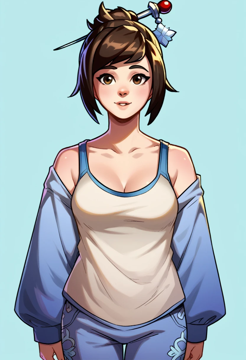 score_9, score_8_up, score_7_up, BREAK shadow, portrait, blue background, 1girl, solo, mei \(overwatch\), pajamas, oversized shirt, white shirt, blue pants, medium hair, undershirt, tank top, long sleeves,