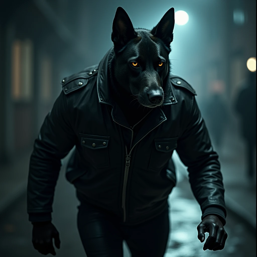 Agent, Police Dog, Black Leather Jacket, Mysterious, Loyal, Sharp, Mission, Tracking, Night Operation, Brave,highres,ultra detailed,best quality,masterpiece