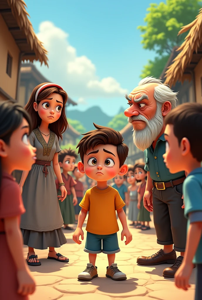 Cartoon character worried young boy with his mother and an angry old man are standing in village and many peoples are saying something to young boy