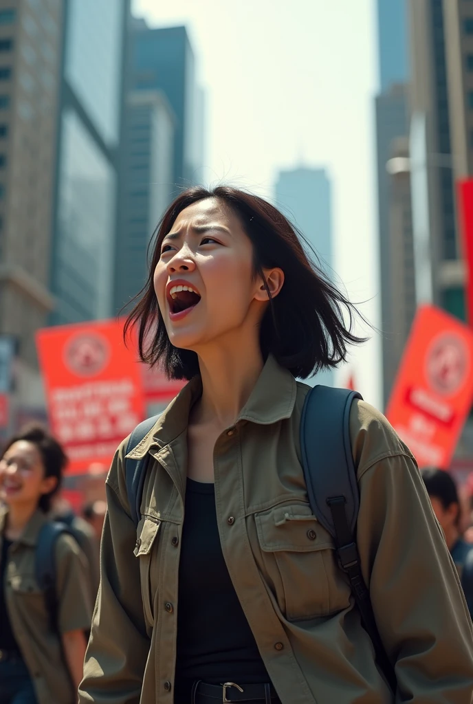 A female Korean worker shouts at a company on strike in the middle of the city