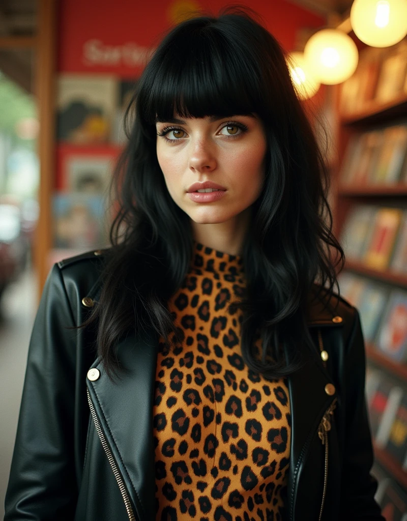 60s era rocker girl, about 25-tears-old, black hair, bangs, leather jacket, leopard print t-shirt, garage rock style, retro, vintage magazine photo aesthetic, vivid lurid colors, intricate, americana vibe, sharp contrast, Technicolor, in a record store