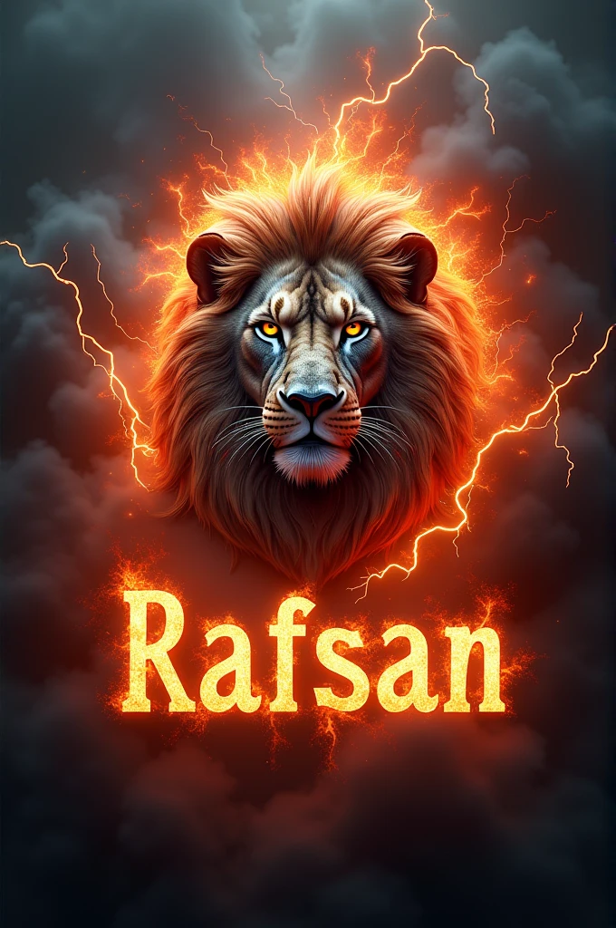 The name "Rafsan"with fire, smoke, and lightning stars IN DIFFERENT SHADES OF black and a lion's head, typography, 3d rendering, photography, architecture, photo, fashion, vibrant, cinematic, 3d render, poster