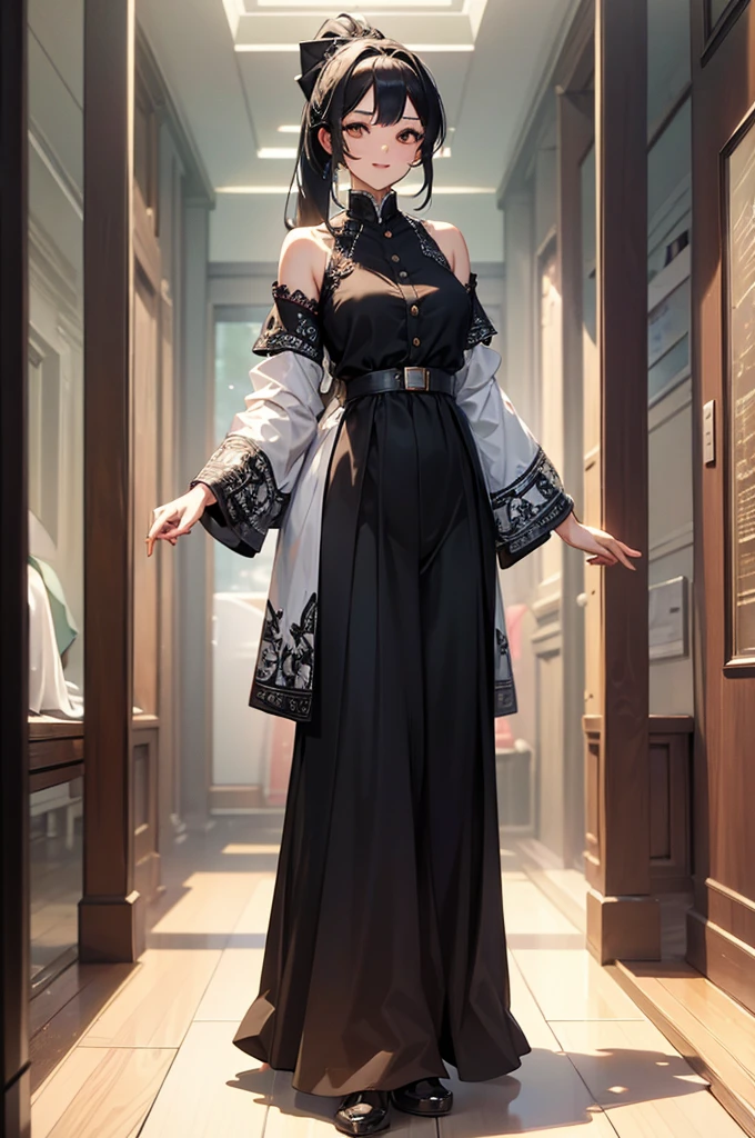 ((((High resolution, Intricate details, masterpiece, 8k)))), (((beautiful, Empire style))), ((One Woman, full body, Are standing)), (Black Hair, Long Hair, ponytail, slender), from front, looking at viewer, look at viewer, Red cheeks, smile, In town, noon, bright,