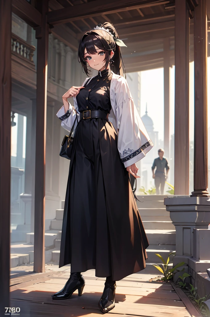 ((((High resolution, Intricate details, masterpiece, 8k)))), (((beautiful, Empire style))), ((One Woman, full body, Are standing)), (Black Hair, Long Hair, ponytail, slender), from front, looking at viewer, look at viewer, Red cheeks, smile, In town, noon, bright,