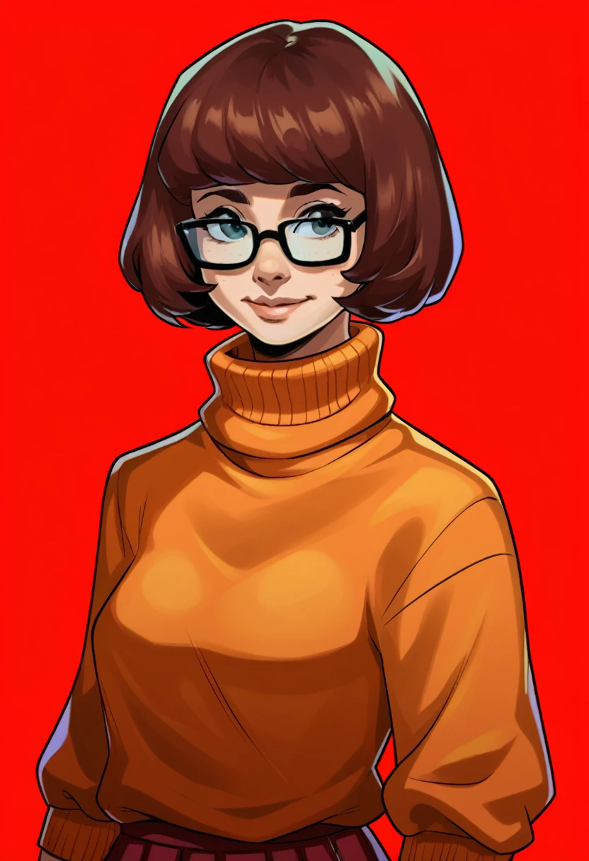 score_9, score_8_up, score_7_up, BREAK shadow, portrait, red background, 1girl, solo, velma dace dinkley, turtleneck sweater, glasses, orange sweater,