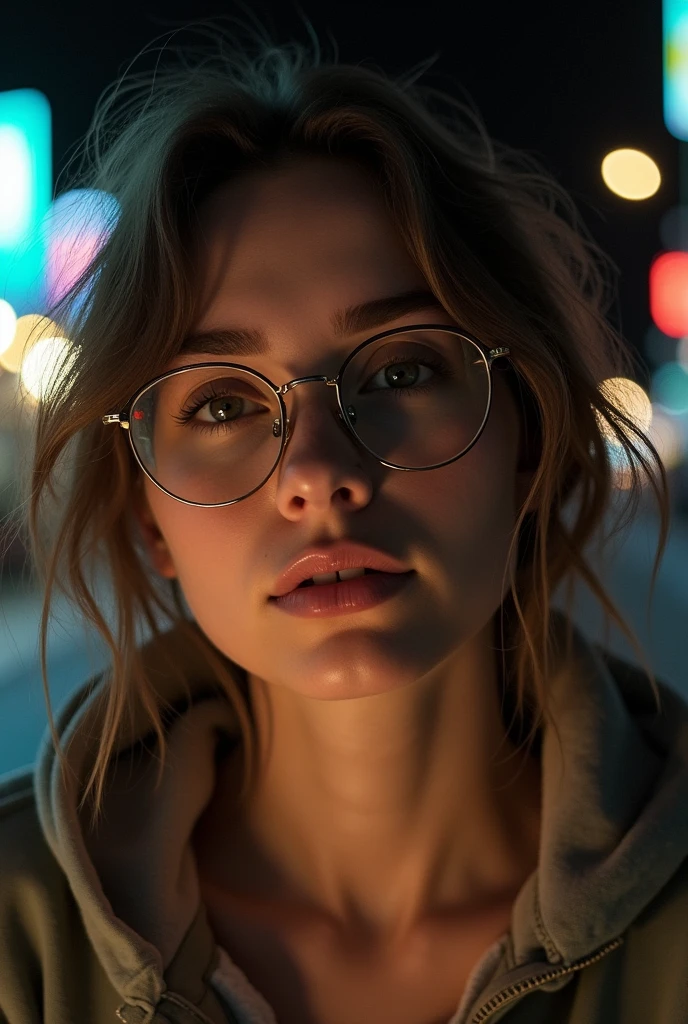 a beautiful 23-year-old woman, light brunette, close-up, girl next door, baggy clothes, makeup, lips, glasses, night, messy hair, film grain, retro, Porta 160 color, shot on ARRI ALEXA 65, sharp focus on subject, Fujifilm XT-3