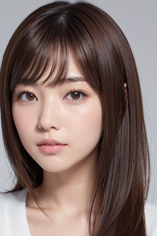 High-quality, ultra-realistic portraits。(She has a long face、It has a long vertical profile)。((The eyes are round at the corners、The corners of the eyes are long and narrow.、The nose is high and well-defined.、The tip is rounded。The lips are sharp both above and below.、The mountain has a clear shape))。The skin is transparent、Has a healthy glow。((Brown Hair:1.6、Less hair volume:1.3))。Makeup is natural、Thinly applied to enhance the skin's natural beauty。The lighting is soft and natural.、Accentuating facial features、Does not emphasize shadows。The background is simple and has a blurred gradient.、Focus on the face。