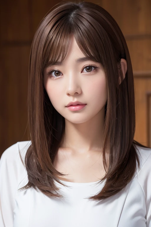 High-quality, ultra-realistic portraits。(She has a long face、It has a long vertical profile)。((The eyes are round at the corners、The corners of the eyes are long and narrow.、The nose is high and well-defined.、The tip is rounded。The lips are sharp both above and below.、The mountain has a clear shape))。The skin is transparent、Has a healthy glow。((Brown Hair:1.6、Less hair volume:1.3))。Makeup is natural、Thinly applied to enhance the skin's natural beauty。The lighting is soft and natural.、Accentuating facial features、Does not emphasize shadows。The background is simple and has a blurred gradient.、Focus on the face。