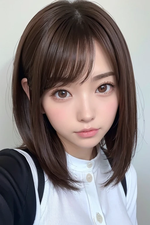 High-quality, ultra-realistic portraits。(She has a long face、It has a long vertical profile)。((The eyes are round at the corners、The corners of the eyes are long and narrow.、The nose is high and well-defined.、The tip is rounded。The lips are sharp both above and below.、The mountain has a clear shape))。The skin is transparent、Has a healthy glow。((Brown Hair:1.6、Less hair volume:1.3))。Makeup is natural、Thinly applied to enhance the skin's natural beauty。The lighting is soft and natural.、Accentuating facial features、Does not emphasize shadows。The background is simple and has a blurred gradient.、Focus on the face。