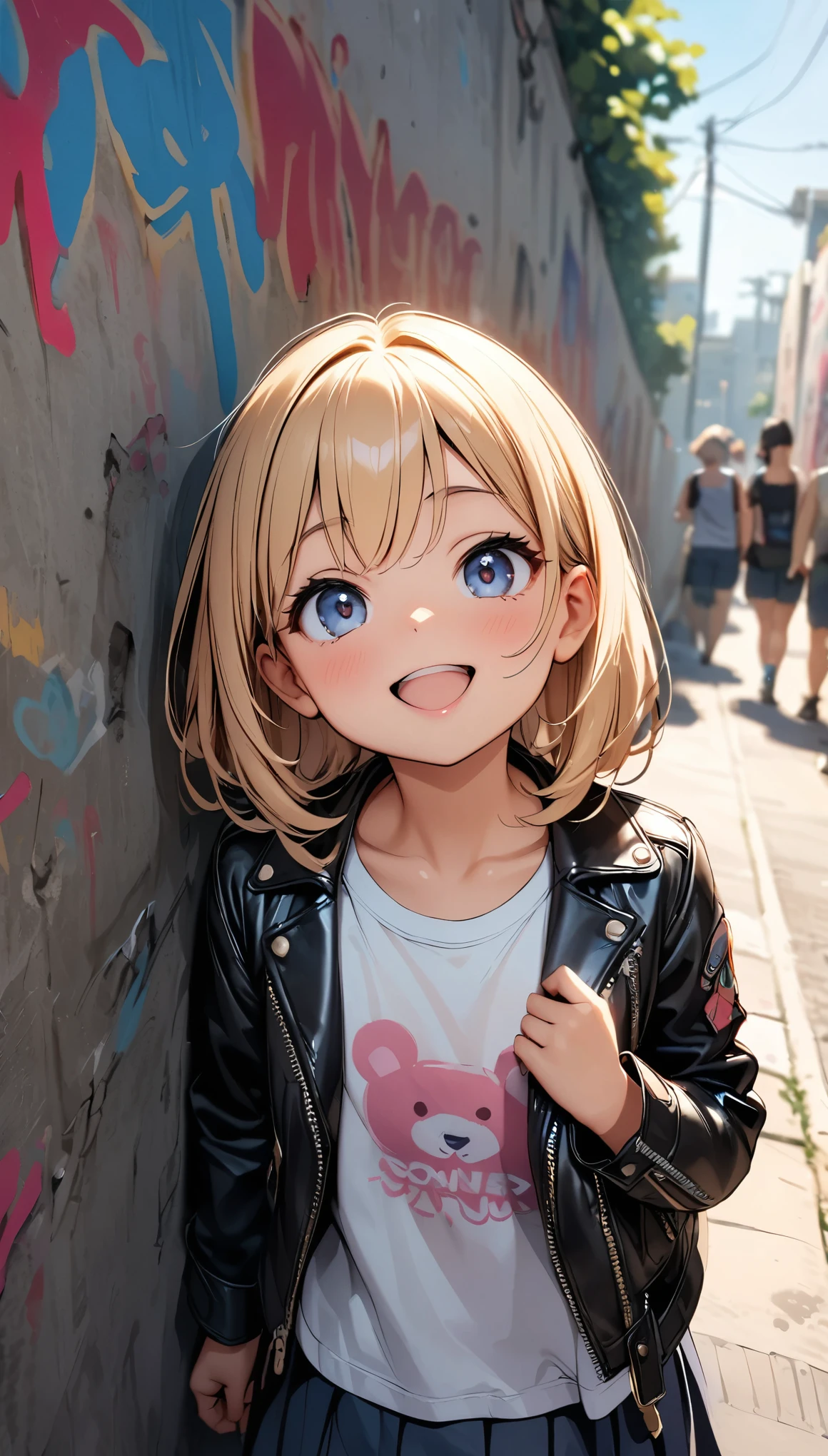 Commemorative photo of girls, 1 person, 6 , leather jacket:1.2, sunglasses, look up, smile, Open your mouth, ((Concrete fence, Wall with graffiti)), Light and shadow with attention to detail, Soft Focus, Background Blur, (Highest quality:1.2, 4K, 8k, Very detailed, Attention to detail, masterpiece:1.2, Best aesthetics),