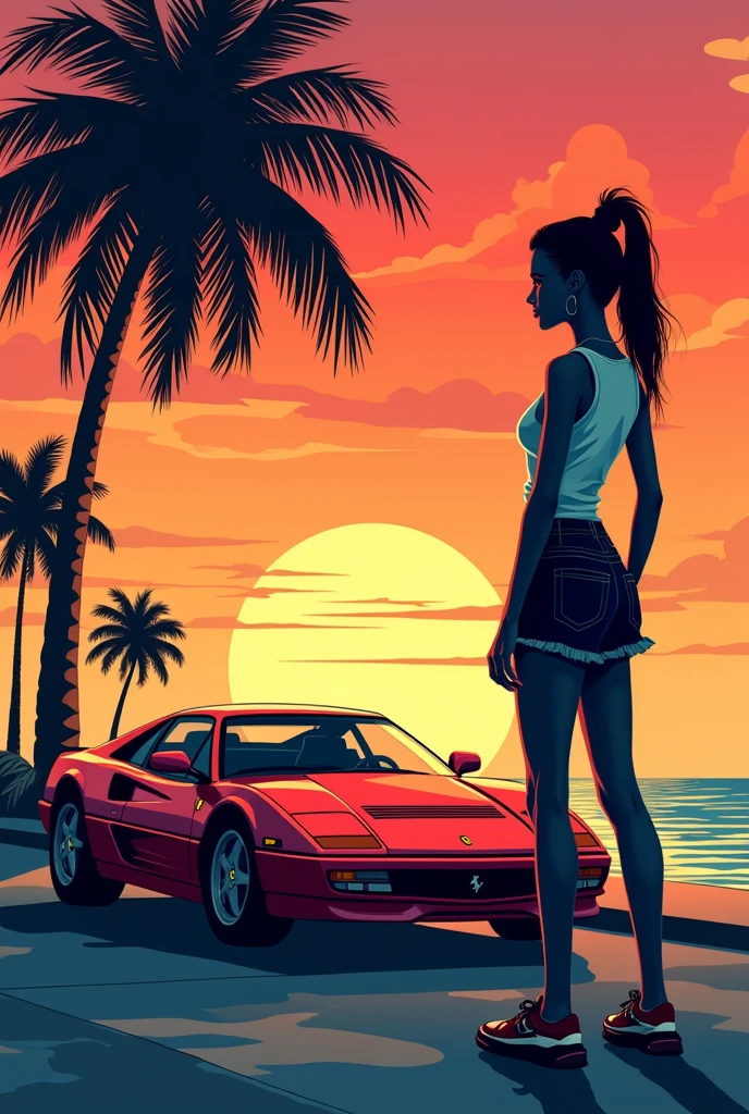 retro girl, Miami, sunset, Ferrari, palm tree, 90's, (flat colors, flat texture, lineart:1.2), graphical design, (heavy ink, ink blacks), 