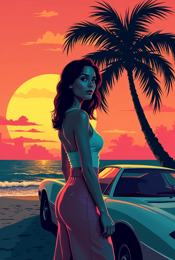 retro girl, Miami, sunset, Ferrari, palm tree, 90's, (flat colors, flat texture, lineart:1.2), graphical design, (heavy ink, ink blacks), 