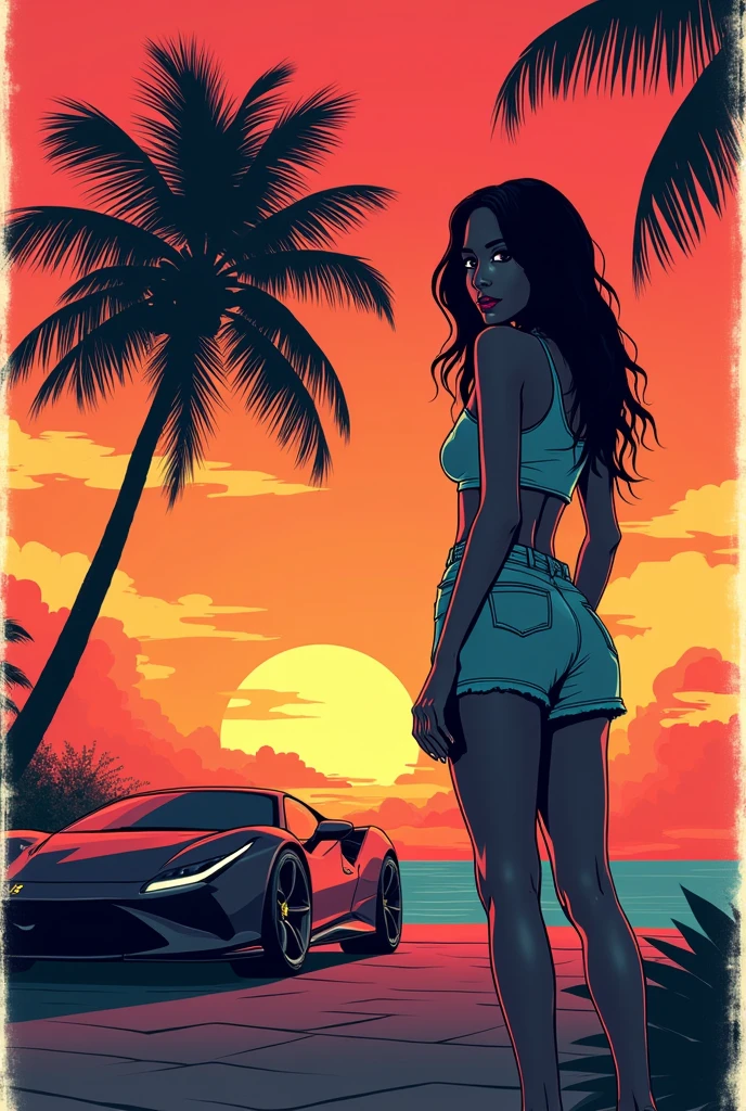retro girl, Miami, sunset, Ferrari, palm tree, 90's, (flat colors, flat texture, lineart:1.2), graphical design, (heavy ink, ink blacks),