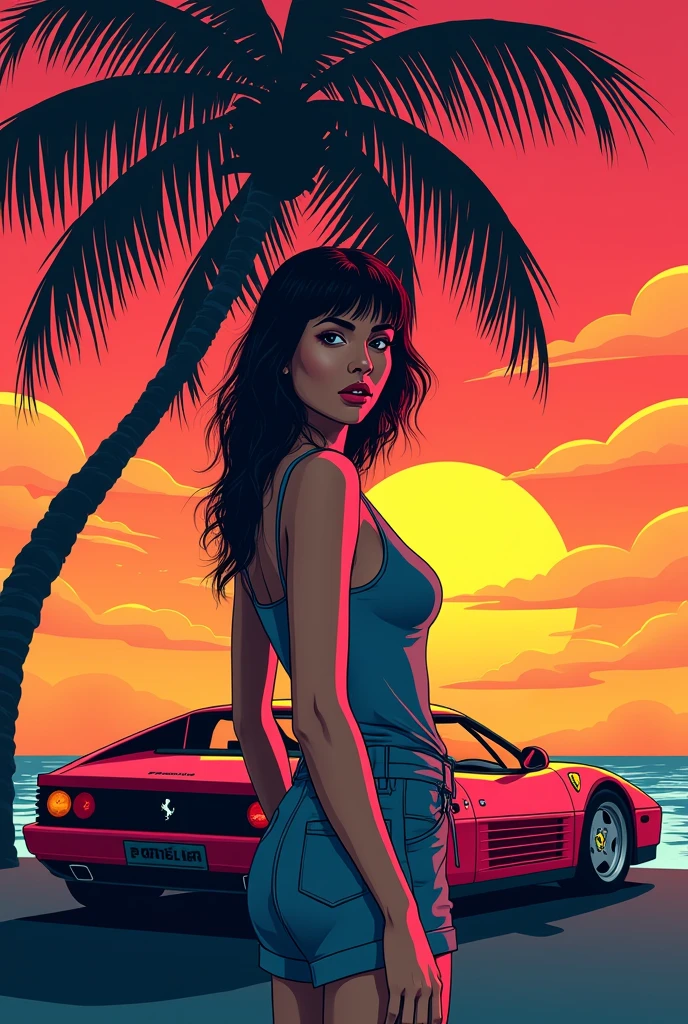 retro girl, Miami, sunset, Ferrari, palm tree, 90's, (flat colors, flat texture, lineart:1.2), graphical design, (heavy ink, ink blacks),