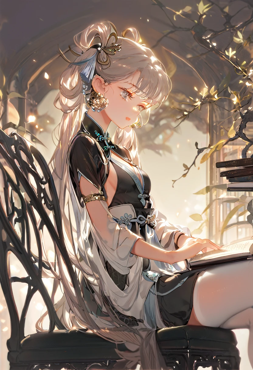 masterpiece, best quality, (perfect anatomy), from side, cowboy shot, 1girl, sitting, on chair, library, reading, looking down, depth of field, solo focus, holding book, small breasts, sideboob, legs together, grey eyes, JinshiWW, long hair, twintails, hair rings, hair ornament, JinshiWW, long hair, twintails, hair rings, hair ornament, earrings, chinese clothes, two-tone dress, black dress, white dress, cleavage cutout, armlet, white thighhighs