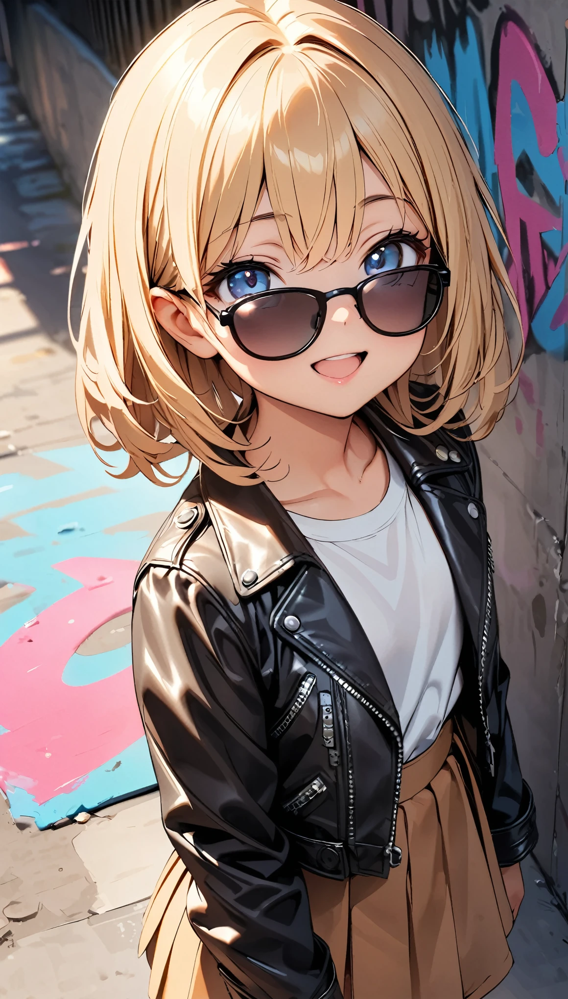Commemorative photo, 1 person, 6--old l, leather jacket:1.2, sunglasses, look up, smile, Open your mouth, ((Concrete fence, Wall with graffiti)), Light and shadow with attention to detail, Soft Focus, Background Blur, (Highest quality:1.2, 4K, 8k, Very detailed, Attention to detail, masterpiece:1.2, Best aesthetics),
