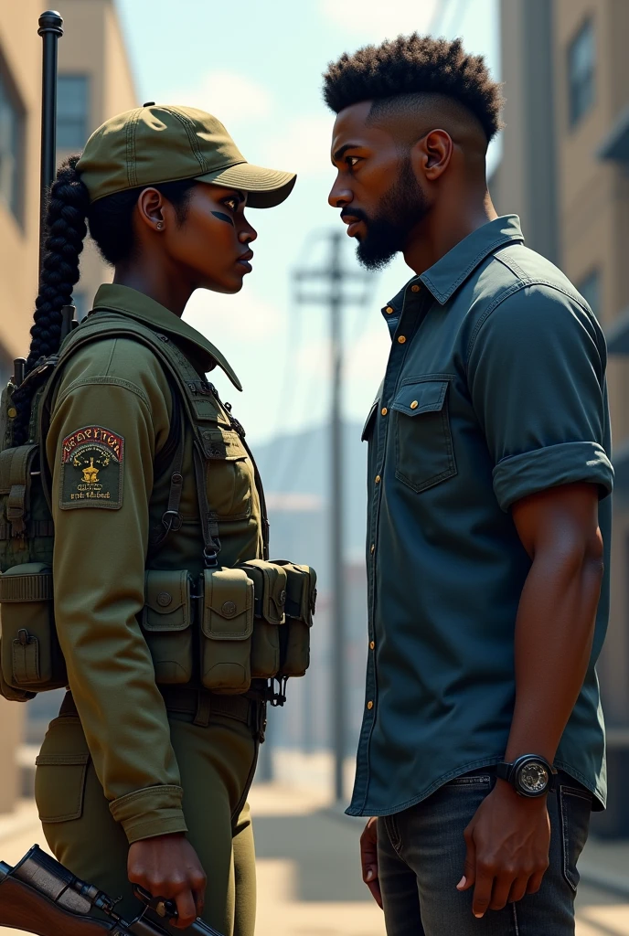Far Cry 5, black skin, Grace Armstrong, eye black, braid, cap, sniper, military outfit, wielding sniper rifle,
Grand Theft Auto V, Franklin Clinton, blue shirt, jeans, black skin , wielding shotgun,
Looking at each other, face to face