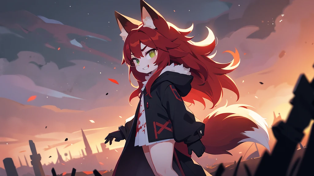 1girl, solo, from side, full body, long red hair, green eyes with vertical pupil, fox ears, long black coat, fur hood, scarlet fox tail, white tip, vertical scar on right eye, wide smile with sharp teeth, arrogant look, (face and clothes stained with blood), vertical scar, background - gray earth and sky, corpses and blood on the ground, smoky clouds, dark tones