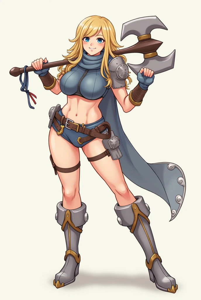 (masterpiece, best quality:1.2), demondeals, 1girl, solo, blonde hair, long hair, blue eyes, hammer, muscular, abs, scarf, breasts, weapon, shorts, boots, gauntlets, armor, large breasts, weapon over shoulder, axe, smile, muscular female