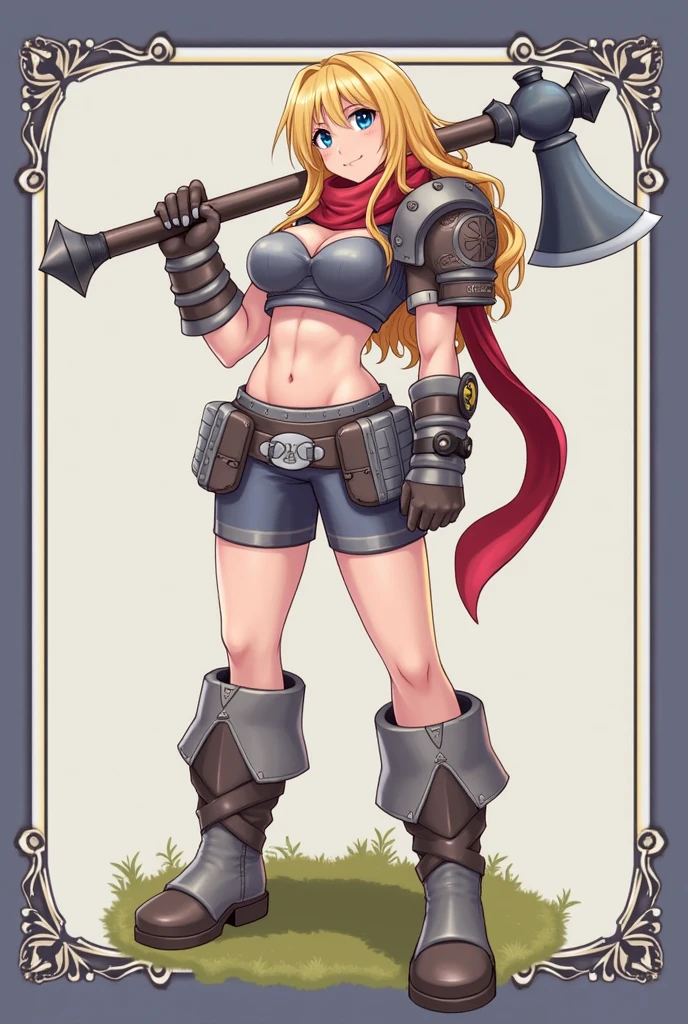 (masterpiece, best quality:1.2),  demondeals, 1girl, solo, blonde hair, long hair, blue eyes, hammer, muscular, abs, scarf, breasts, weapon, shorts, boots, gauntlets, armor, large breasts, weapon over shoulder, axe, smile, muscular female