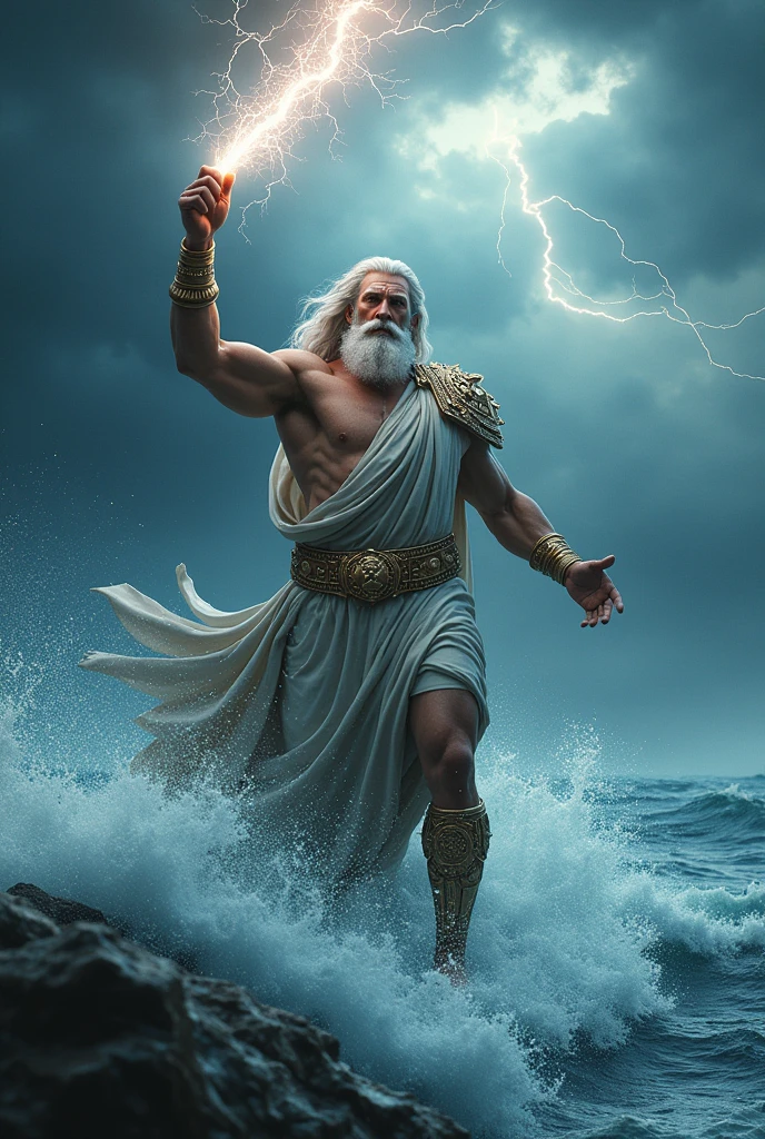 Zeus throwing lightning bolts into the ocean