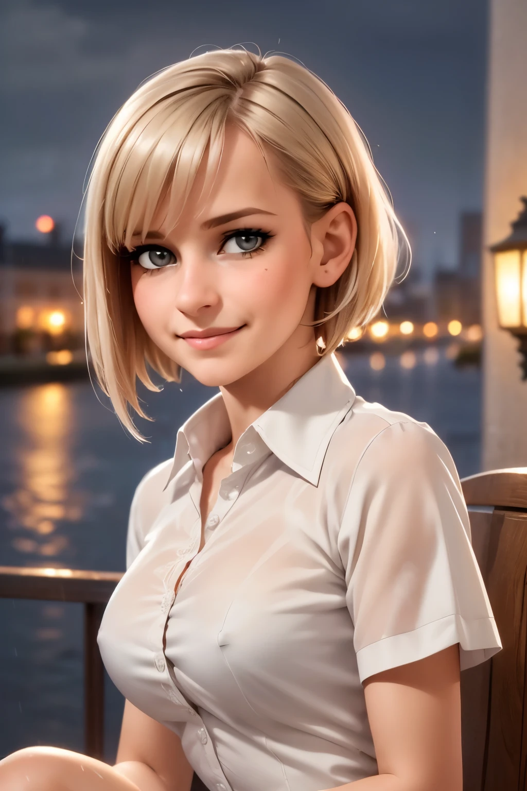 (8k, Best Quality, Masterpiece: 1.2), (Realistic, Photorealistic: 1.37), Super Detailed, 1 Girl, Cute, Alone, Beautiful Detailed Sky, Detailed Cafe, Night, Sitting, Date, ( Nose blush), (smile: 1.15), (close mouth) small breasts, beautiful details, (collared shirt: 1.1), night, wet, business wear, rain, white lace, (short hair: 1.2), floating Hair NovaFrogStyle,