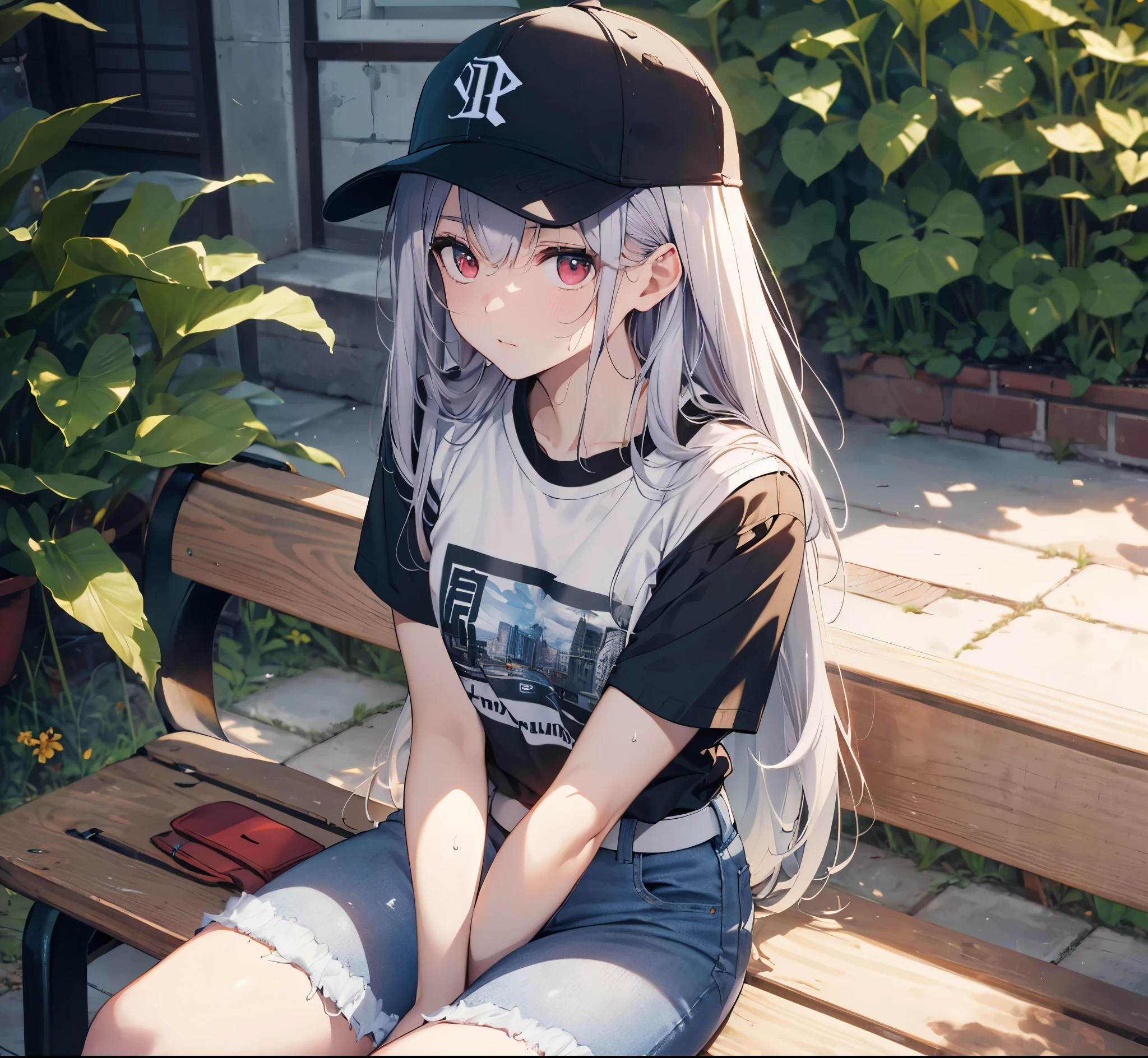 (Close-up:1.3),Realistic,Highest quality, Super detailed, High-quality CG rendering, The most delicate and beautiful, Floating softly, High resolution, (1 person), (Highest quality,4K,8k,masterpiece:1.2), Light purple hair,(Long Hair:1.5),Red eyes,(Black short sleeve T-shirt:1.4),(Pure white skinny jeans:1.4),(Pure white baseball cap:1.3),In the city,old buildings,Narrow Alley,(Sitting on a bench:1.3),sweating,Troubled face
