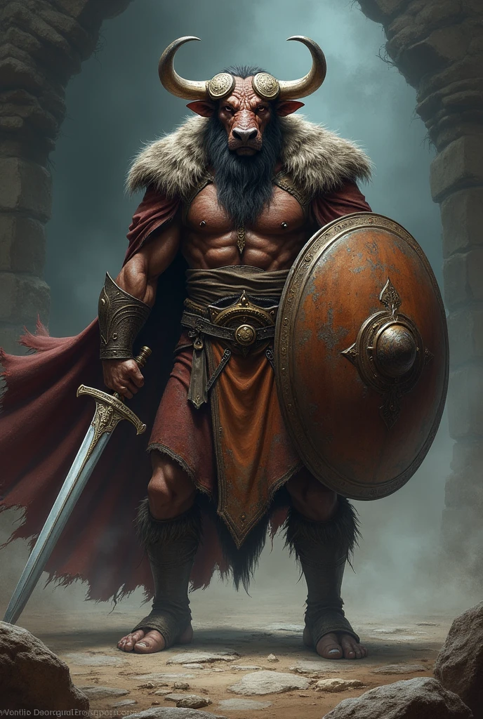 create an image of a minotaur paladin from dungeons and dragons revenge, With a sword and a shield, no armor

