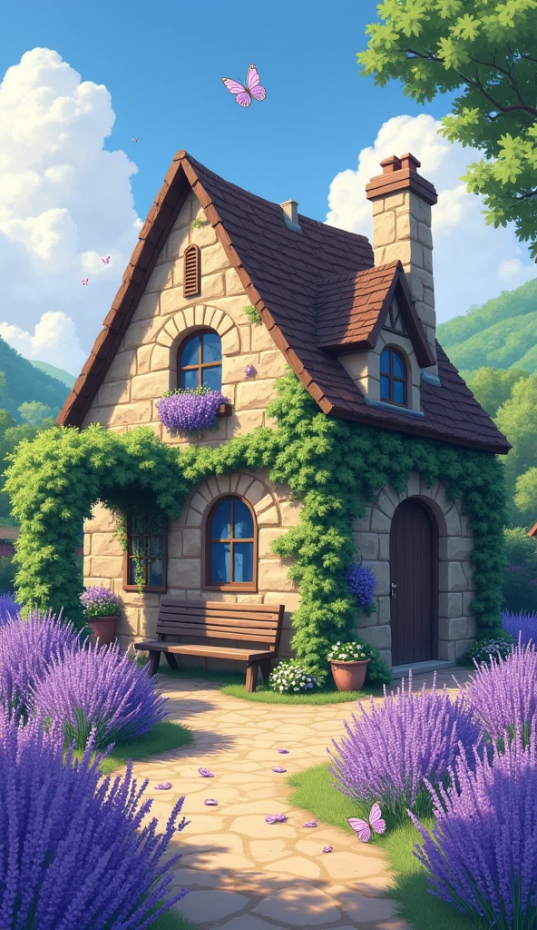 Lavender-Covered Cottage": A cute, quaint stone cottage with lavender flowers blooming around the windows and climbing up the walls. The garden is filled with butterflies fluttering among the flowers, and a small wooden bench sits under a vine-covered archway, inviting relaxation. [Digital illustration, inspired by Studio Ghibli and Hayao Miyazaki, with a touch of realism in the architecture and foliage], [Soft, natural lighting, focus on the cottage and garden, shallow depth of field, blurred background of distant hills, realistic textures, pastel colors].