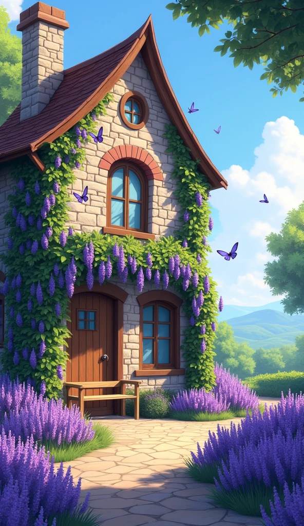 Lavender-Covered Cottage": A cute, quaint stone cottage with lavender flowers blooming around the windows and climbing up the walls. The garden is filled with butterflies fluttering among the flowers, and a small wooden bench sits under a vine-covered archway, inviting relaxation. [Digital illustration, inspired by Studio Ghibli and Hayao Miyazaki, with a touch of realism in the architecture and foliage], [Soft, natural lighting, focus on the cottage and garden, shallow depth of field, blurred background of distant hills, realistic textures, pastel colors].
