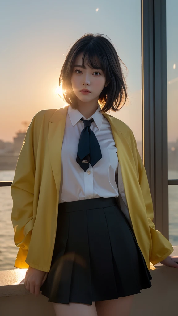 One person, Intricate details, masterpiece, Highest quality, Very detailed,Cinema Lighting, Beautiful sparkle, Beautifully detailed face and eyes, 8k, Dark intense shadows, Yellow Eyes, Medium Hair, Black Hair, bangs, Floating Hair, Black jacket, Open jacket, White shirt, Expressionless, Yellow tie, Black Skirt, Spotlight, sunlight, sunrise, Gradient Sky, city, Lens flare, Cowboy Shot, [[Curvy]], [Mature Woman]