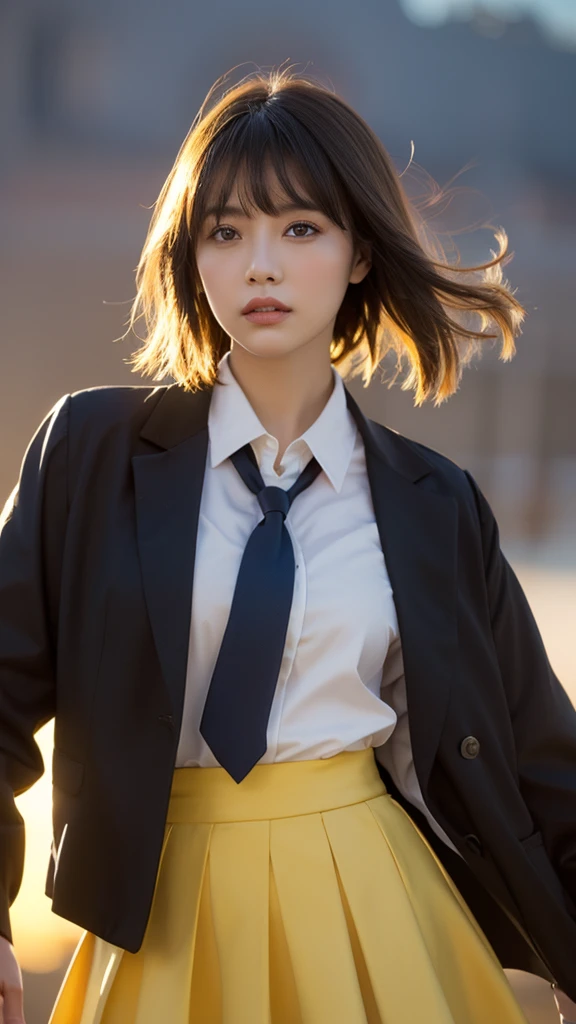 One person, Intricate details, masterpiece, Highest quality, Very detailed,Cinema Lighting, Beautiful sparkle, Beautifully detailed face and eyes, 8k, Dark intense shadows, Yellow Eyes, Medium Hair, Black Hair, bangs, Floating Hair, Black jacket, Open jacket, White shirt, Expressionless, Yellow tie, Black Skirt, Spotlight, sunlight, sunrise, Gradient Sky, city, Lens flare, Cowboy Shot, [[Curvy]], [Mature Woman]