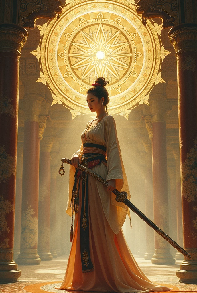 (photorealistic :1.3), epic hyper Realistic, intricate details, High-tech, light and shiny, ink and gold painting, a girl wearing a belly band and hafu, holding a heavy Chinese sword, beginning in the courtyard of an old dojo, the background is sacred geometry mandala, soft light.