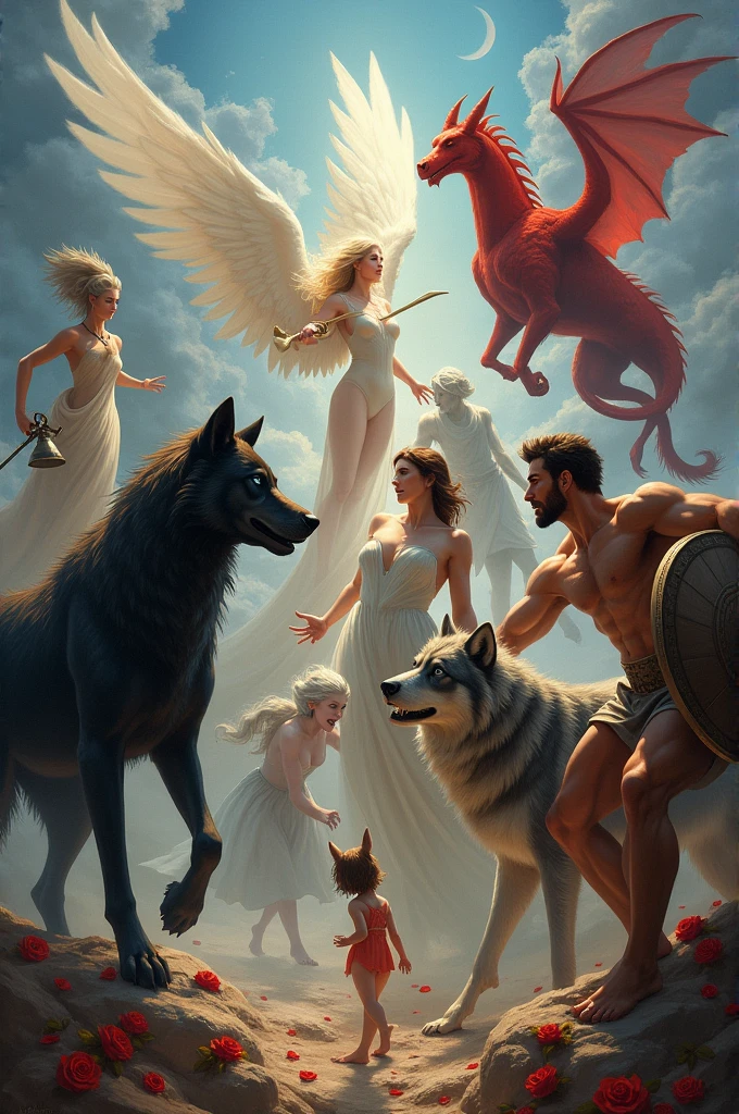 fullbody, painted of full body of four peoples, foot on ground, a standing greek handsome man give a red rose to a naked woman with flower, a woman with shield, a woman stand front of a grey wolf, masculine, mature, muscular, hairy torso, fantasy, intricate, elegant, highly detailed, digital painting, artstation, concept art, smooth, sharp focus, illustration, art by gaston bussiere and alphonse mucha, looking each other.