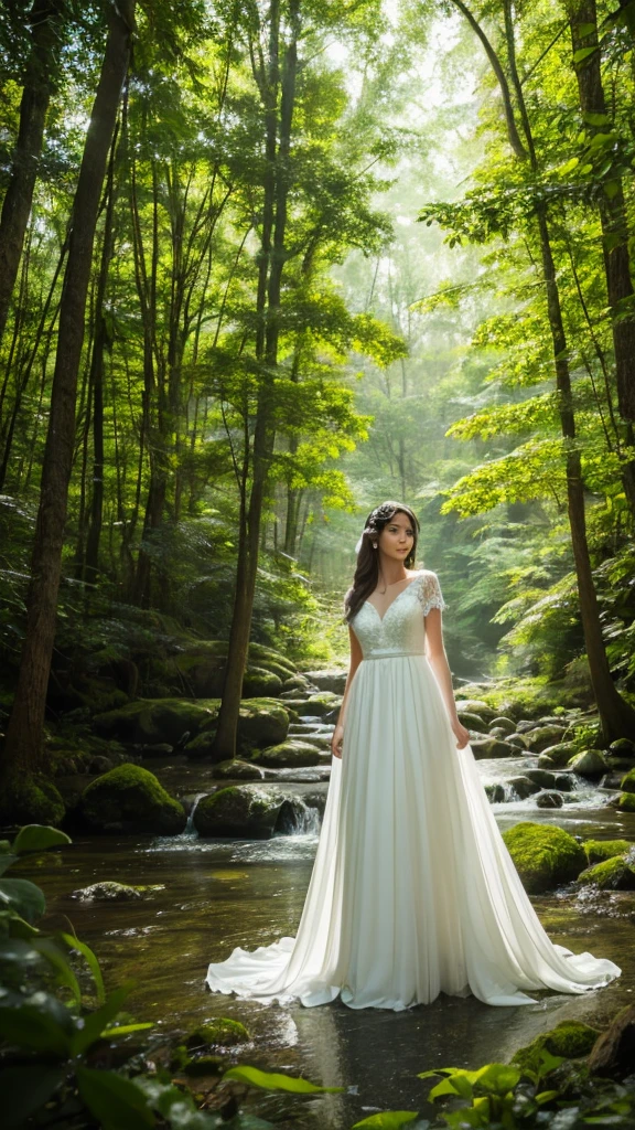 "A serene woman in a flowing white gown, standing in a tranquil forest ...