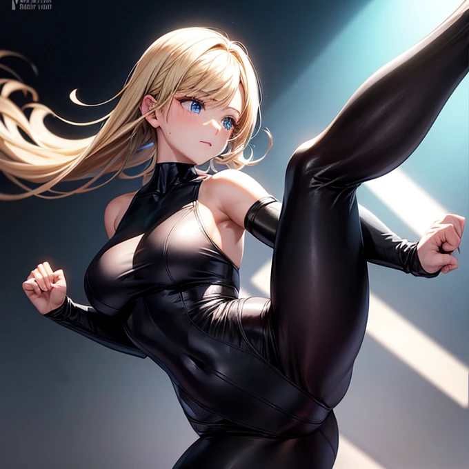 Wearing a tight fitting black bodysuit、Woman doing karate