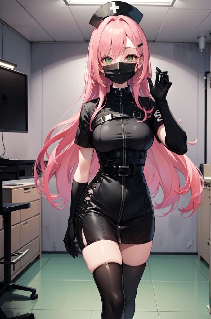 black nurse, 1woman, solo, black nurse cap, black nurse uniform, ((black legwear, zettai ryouiki)), black elbow gloves, pink hair, green eyes, drooping eyes, ((black surgical mask, covered nose)), standing, ((surgery room)), sharp outline, short sleeves, mature female, 32 years old, best quality, masterpiece