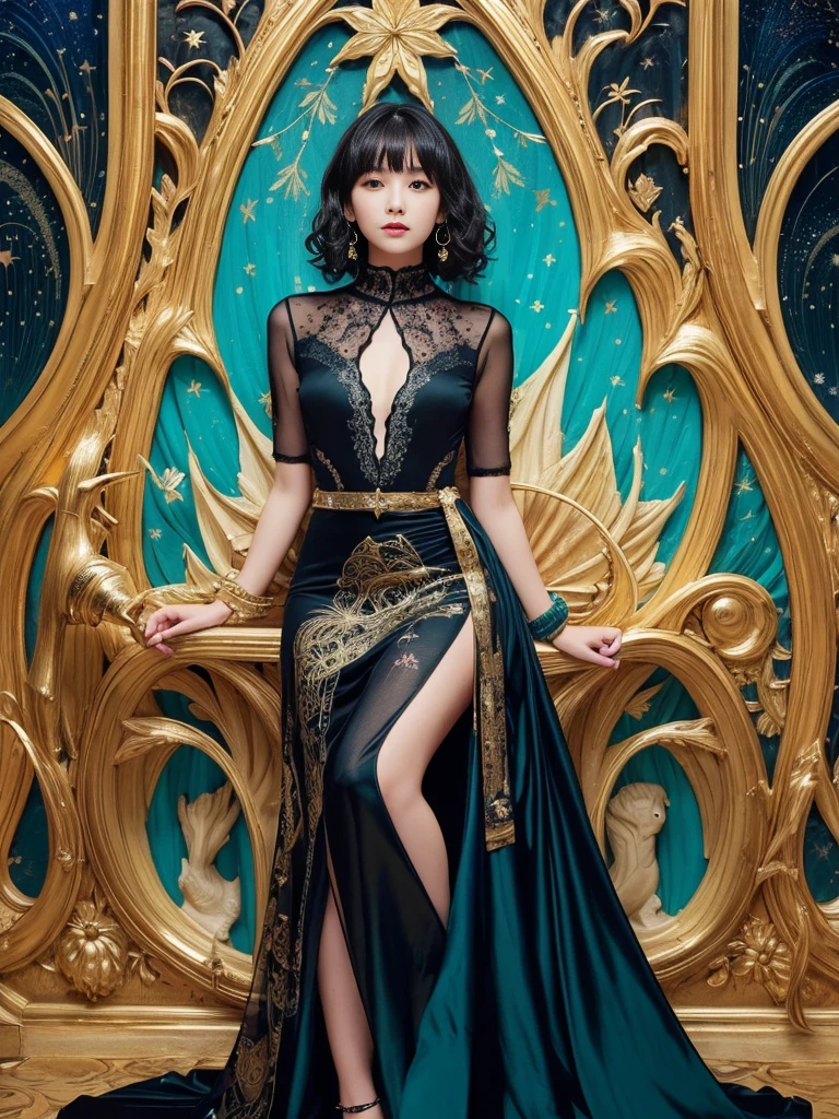 bending over,(Highest quality, Very detailed, masterpiece:1.2), 1 female, Very thin body, length, Thin legs, ((Black wavy short hair:1.2)), ((Thick and fluffy bangs)), Very detailedな顔,A faint smile, small, Thin Nose, small thin mouth, Extremely sharply focused eyes, Japanese, Beautiful Face, Realistic eyes, Beautiful and beautiful eyes, Realistic Skin, Beautiful Skin, charm, (Lively Faces), ((cosmic deco) theme:1.4), (luxurious high-neck silk gown in black with an intricate overlay of Art Nouveau cosmic designs in gold and teal:1.3), (complemented with matching teal velvet heels:1.3), (accessorized with matching cuff bracelet:1.3), Creepy and unique hairstyles, High resolution, Vibrant color palette, , Tim Burton's signature dark shadows and strange details, Shooting from below,